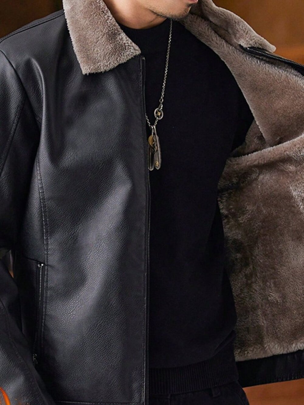 Black Men's Polyurethane Lapel Zip-Thermal-Lined Slim-Fit Faux Leather Jacket